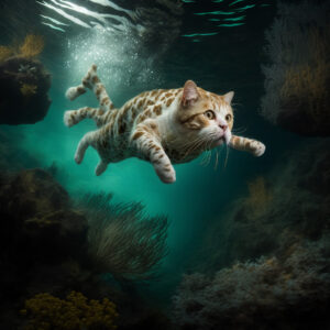 a cat diving at great barrier reef in the style of rembrandt